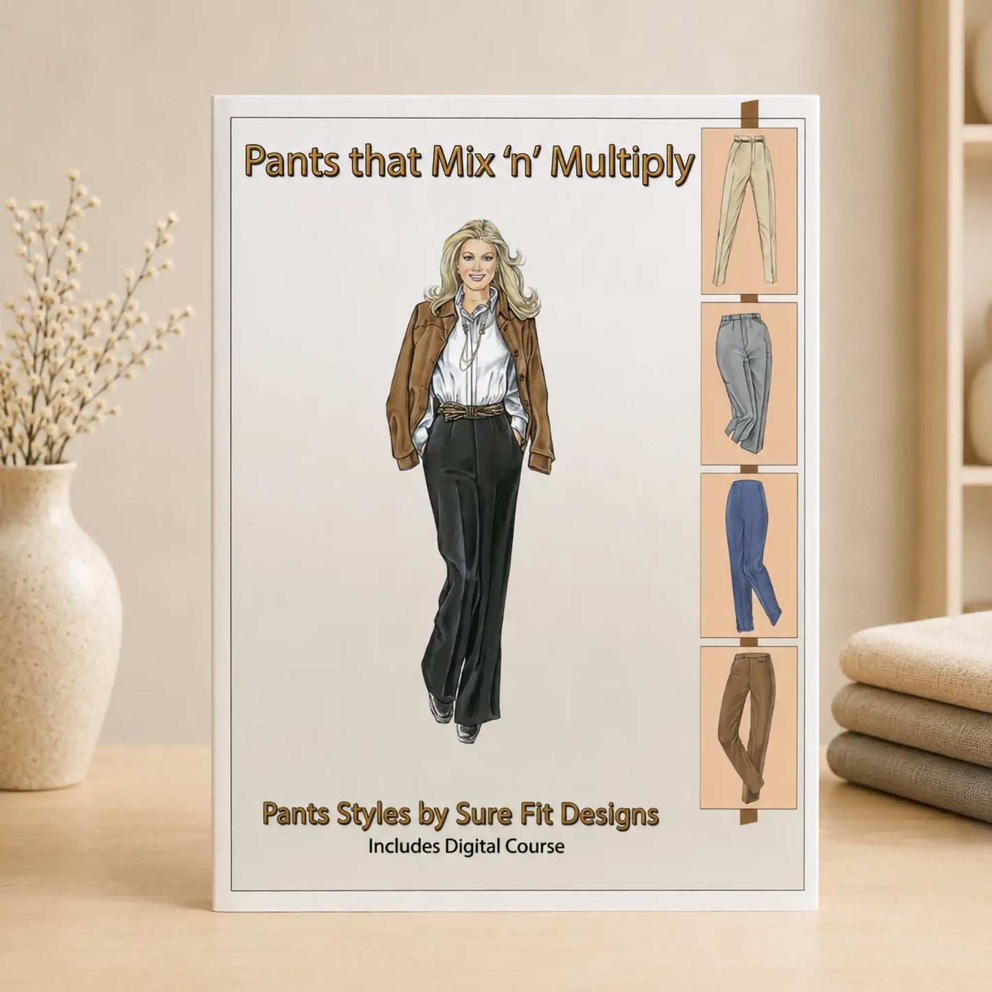 A book or booklet titled "Pants that Mix 'n Multiply" and "Pants Styles by Sure Fit Designs" stands upright on a tabletop. The cover shows an illustration of a woman wearing dark pants with a brown jacket, plus four small pant design examples along the right side.