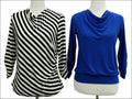 Black and white striped shirt and blue shirt on mannequins against a white background