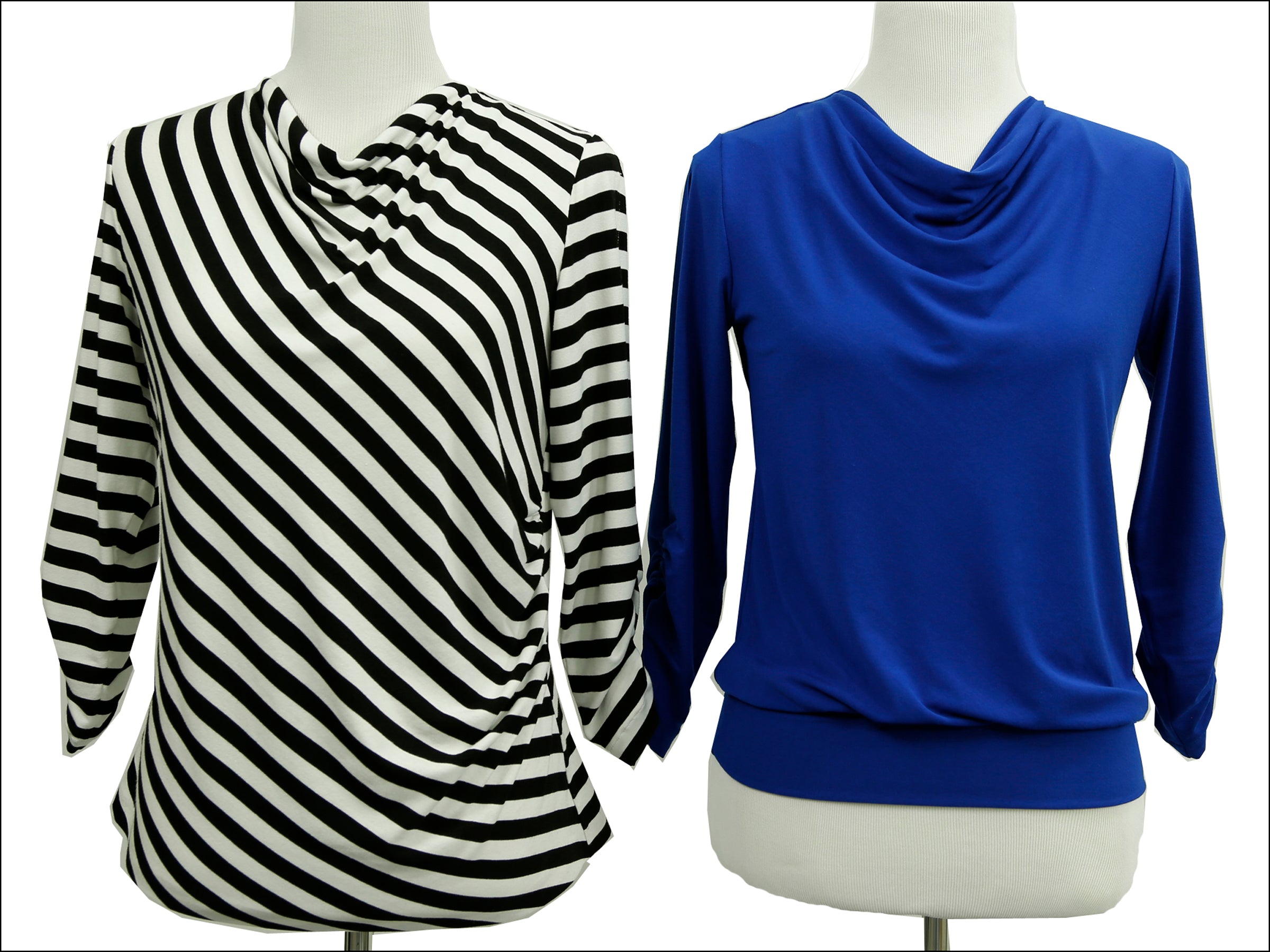 Black and white striped shirt and blue shirt on mannequins against a white background