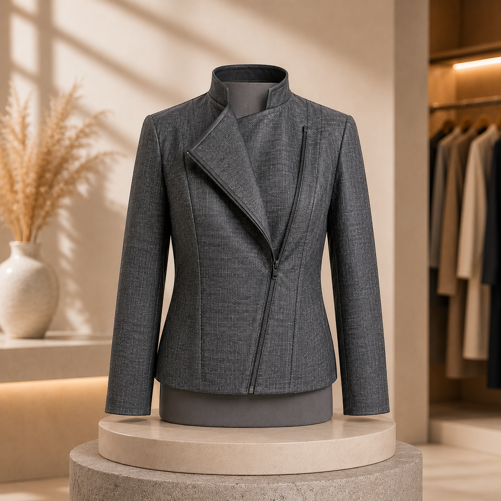 A dark gray textured jacket with a unique asymmetrical zipper and stand collar, displayed on a mannequin torso over a round pedestal in a warm, modern interior setting.