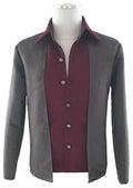 Gray jacket with a burgundy shirt on a mannequin against a white background