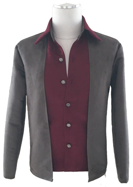 Gray jacket with a burgundy shirt on a mannequin against a white background