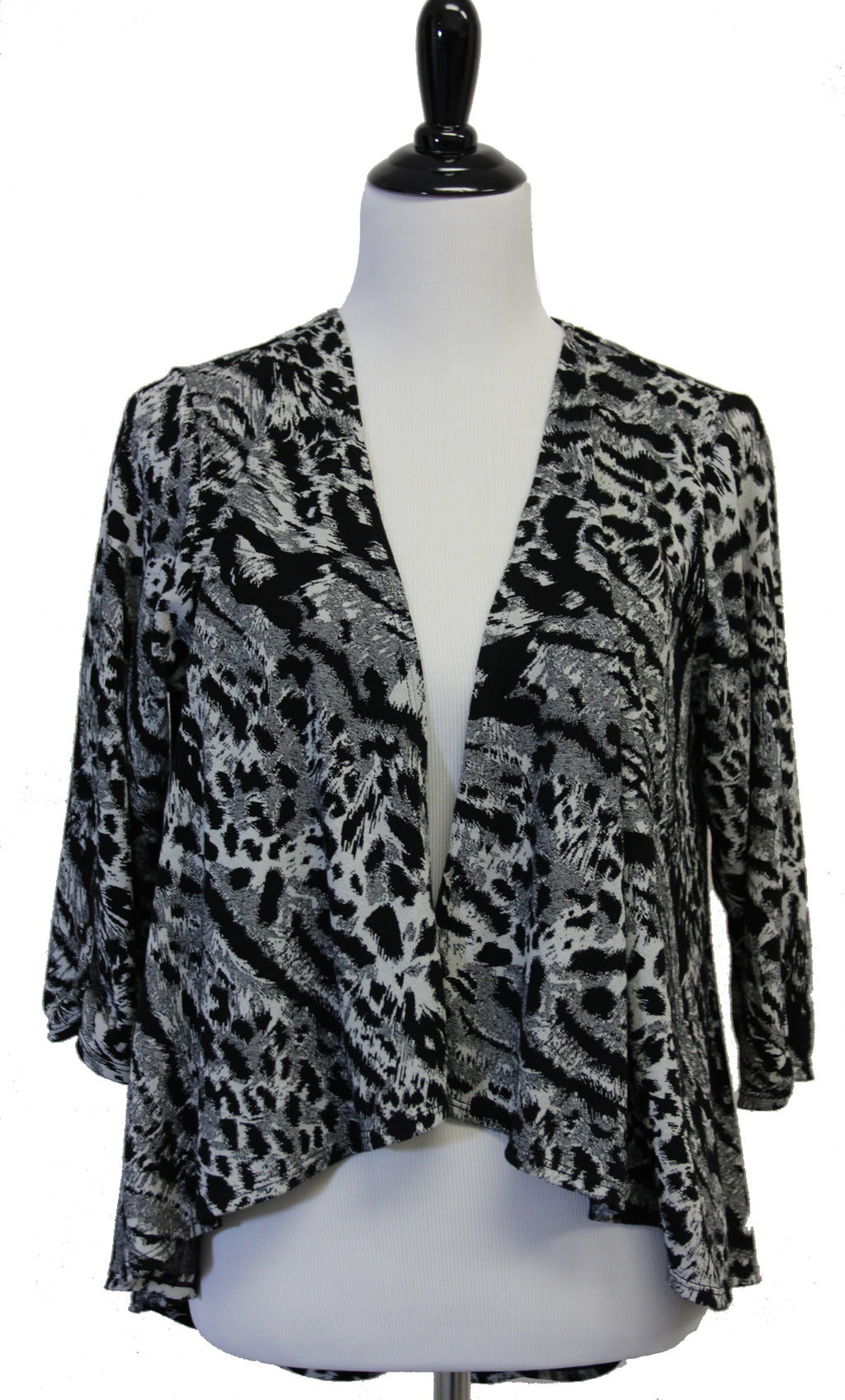 Leopard print jacket on a mannequin against a white background