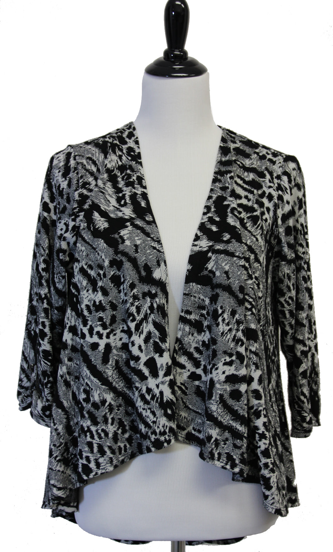 Leopard print jacket on a mannequin against a white background