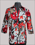 Colorful floral-patterned shirt on a mannequin against a gray background