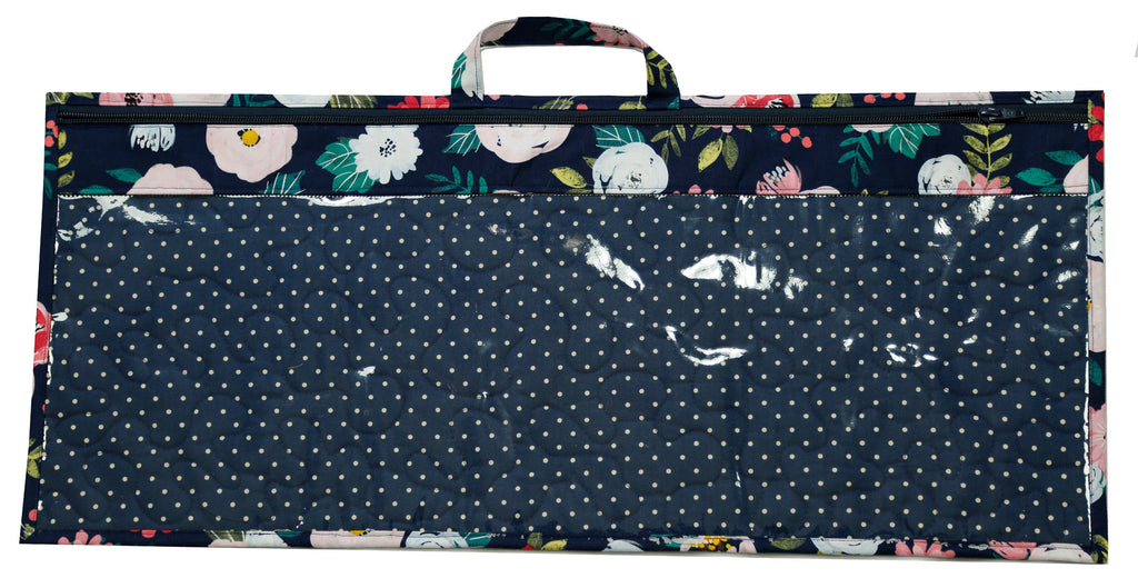 Floral-patterned bag with a dark blue starry night design on a white background