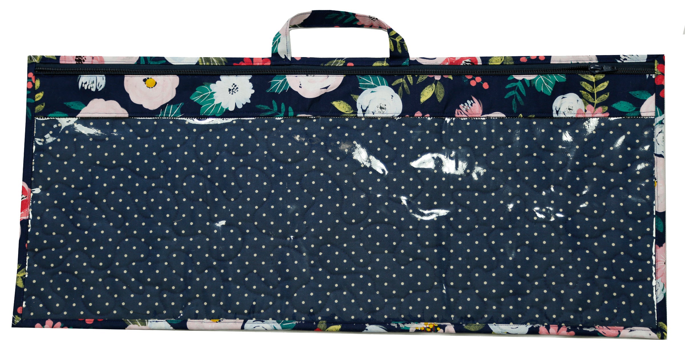 Floral-patterned bag with a dark blue starry night design on a white background