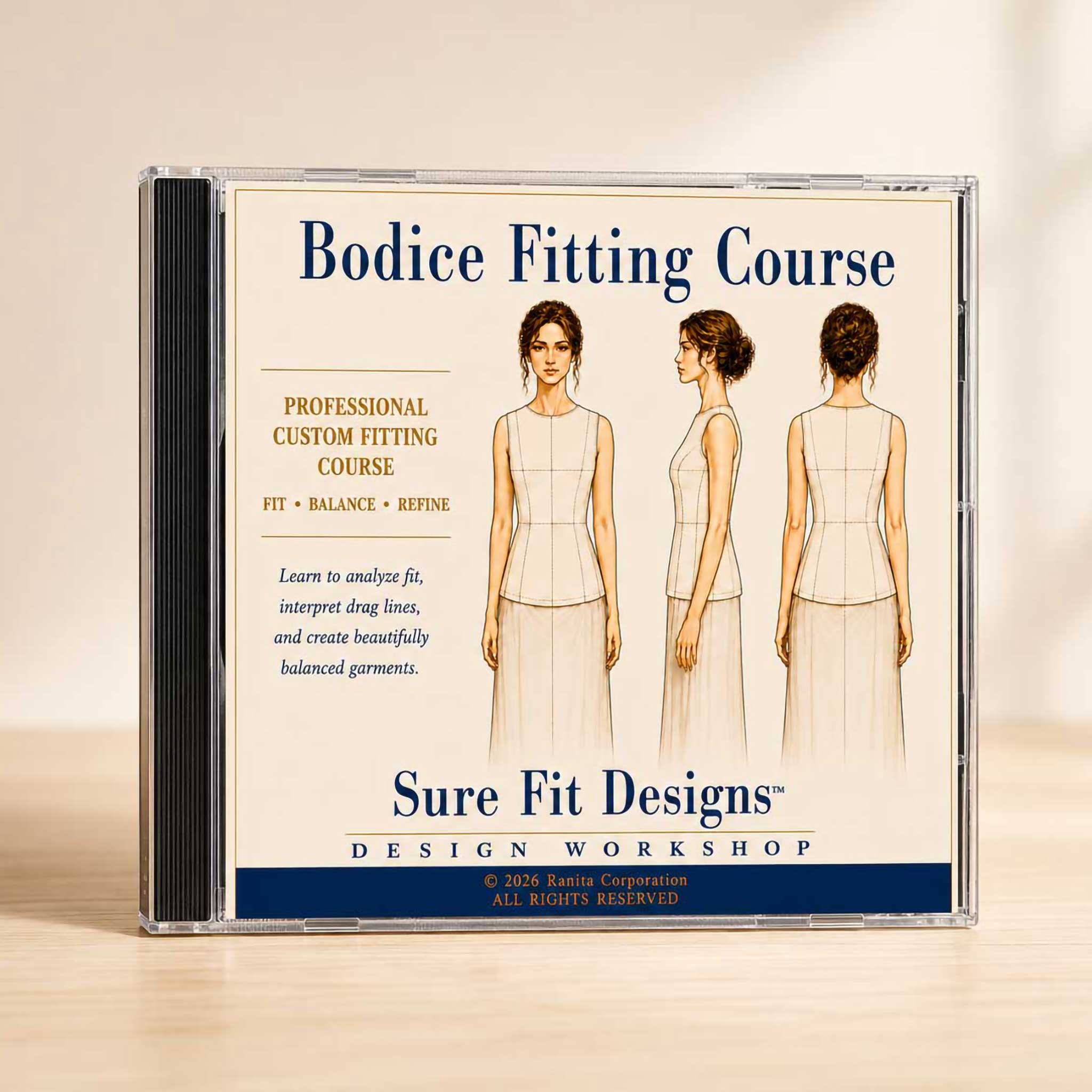 CD case for 'Bodice Fitting Course' by Sure Fit Designs on a beige background