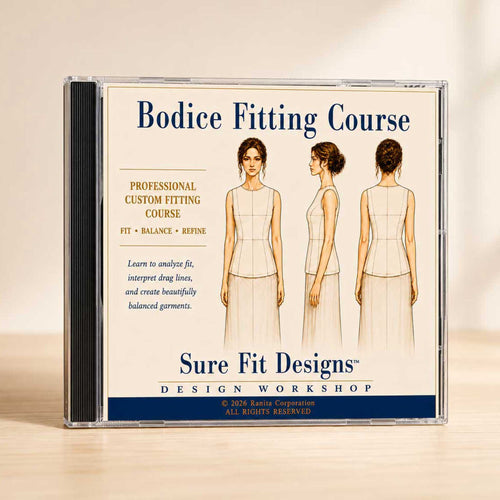 CD case for 'Bodice Fitting Course' by Sure Fit Designs on a beige background