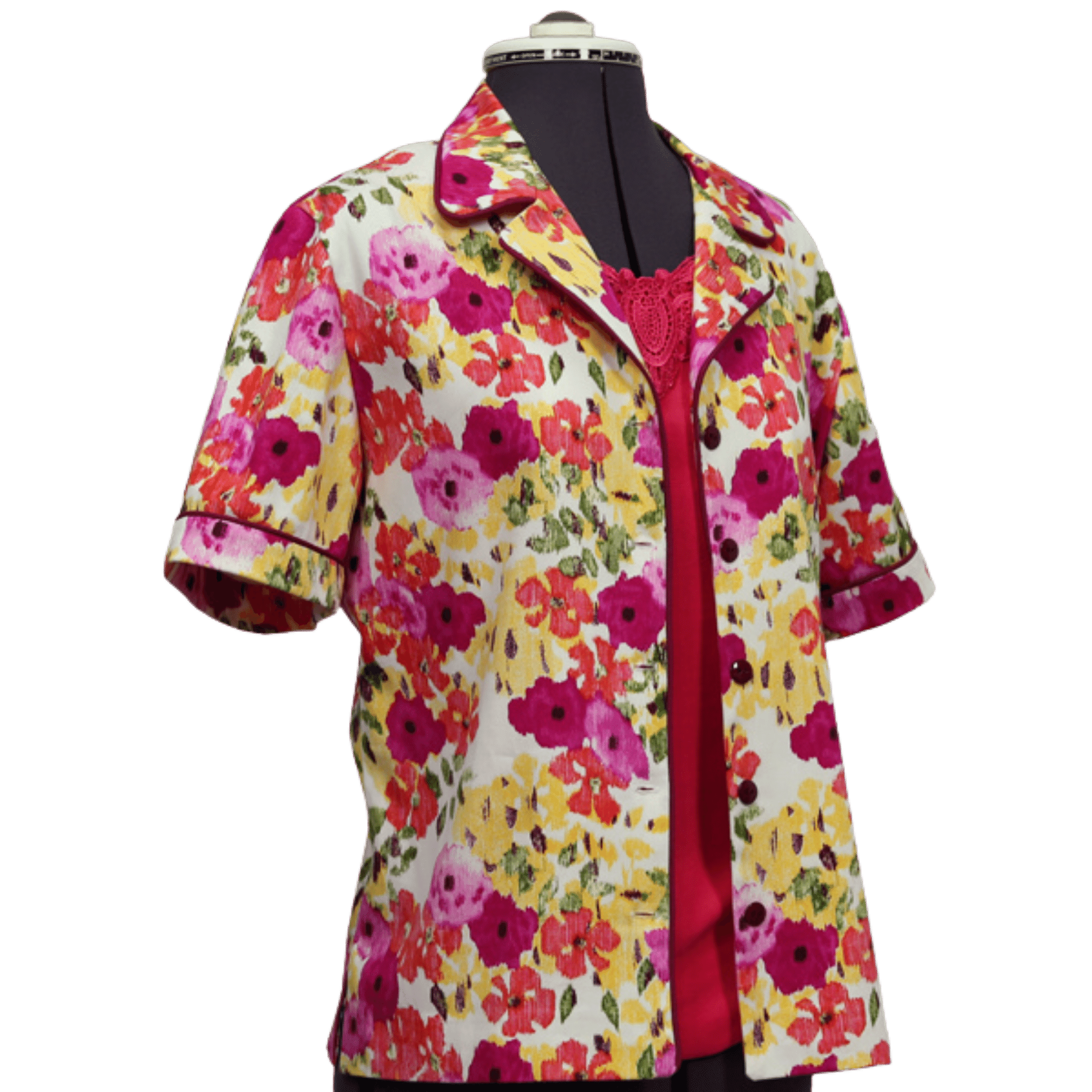 Colorful floral coat on a mannequin against a transparent background