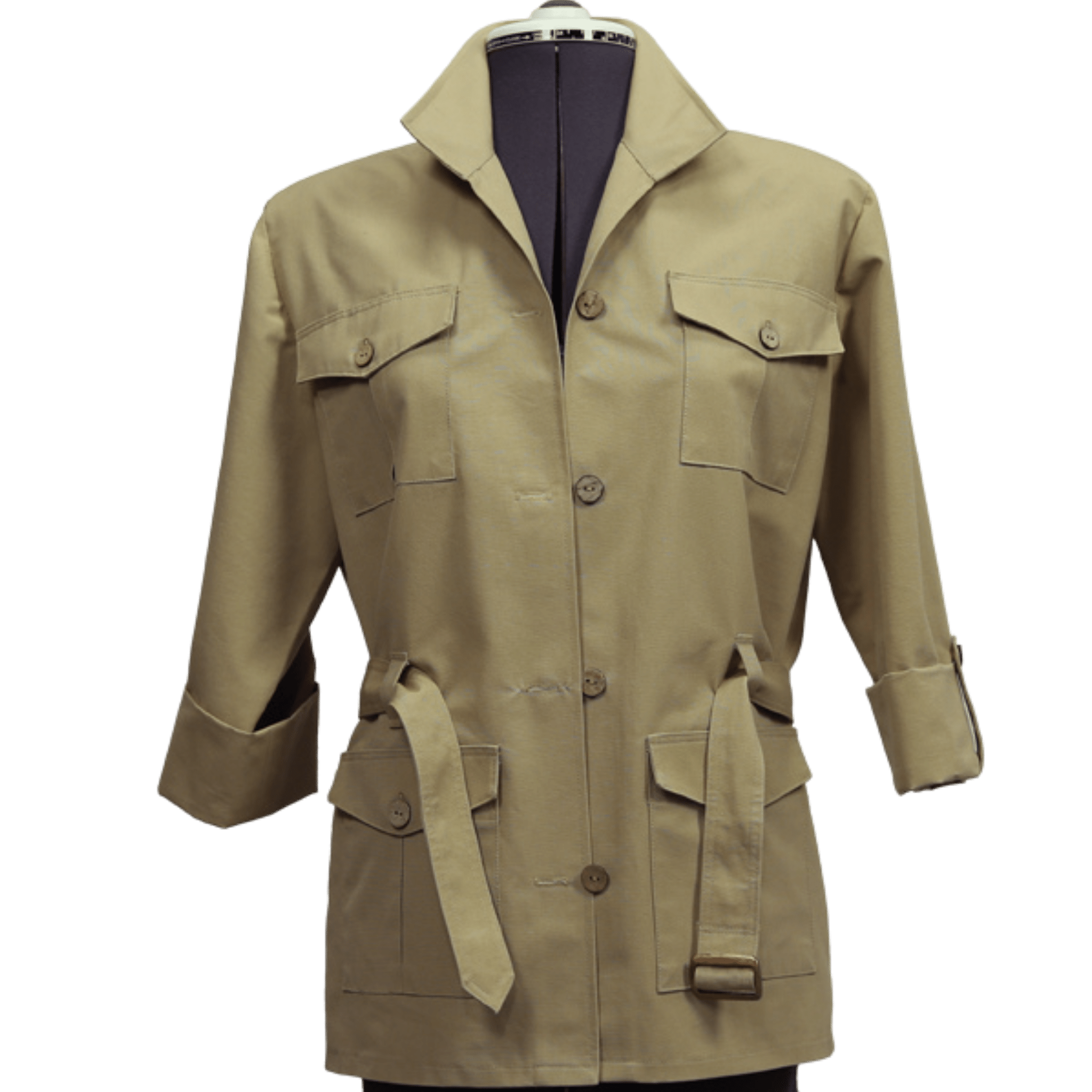 Beige field jacket on a mannequin with a green background