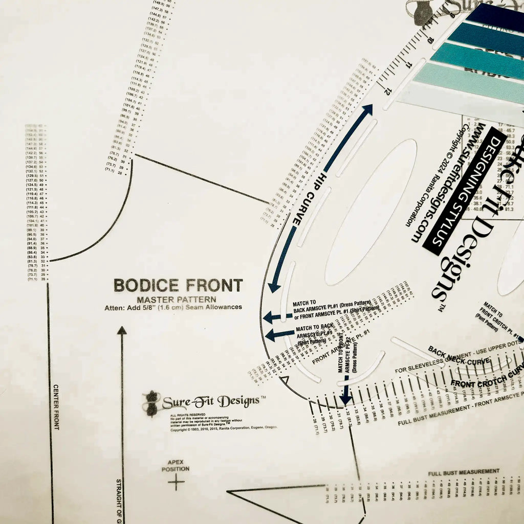 A close-up of a sewing pattern layout page titled 'BODICE FRONT MASTER PATTERN' with measurement markings, arrows, and text including 'Sure Fit Designs' and 'Designing Styles'.
