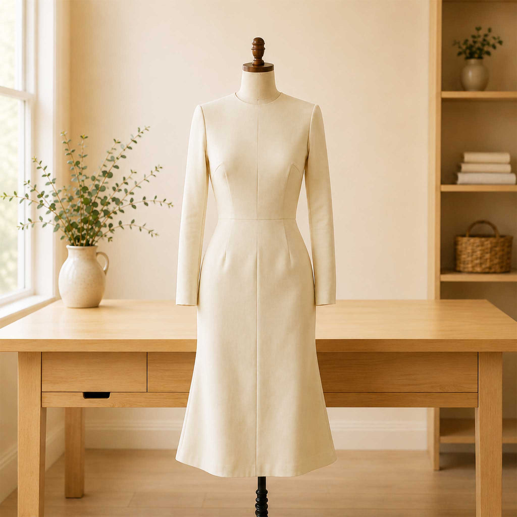 An off-white, knee-length dress with long sleeves and a structured silhouette displayed on a mannequin in a warm, sunlit room with a wooden desk and shelves in the background.