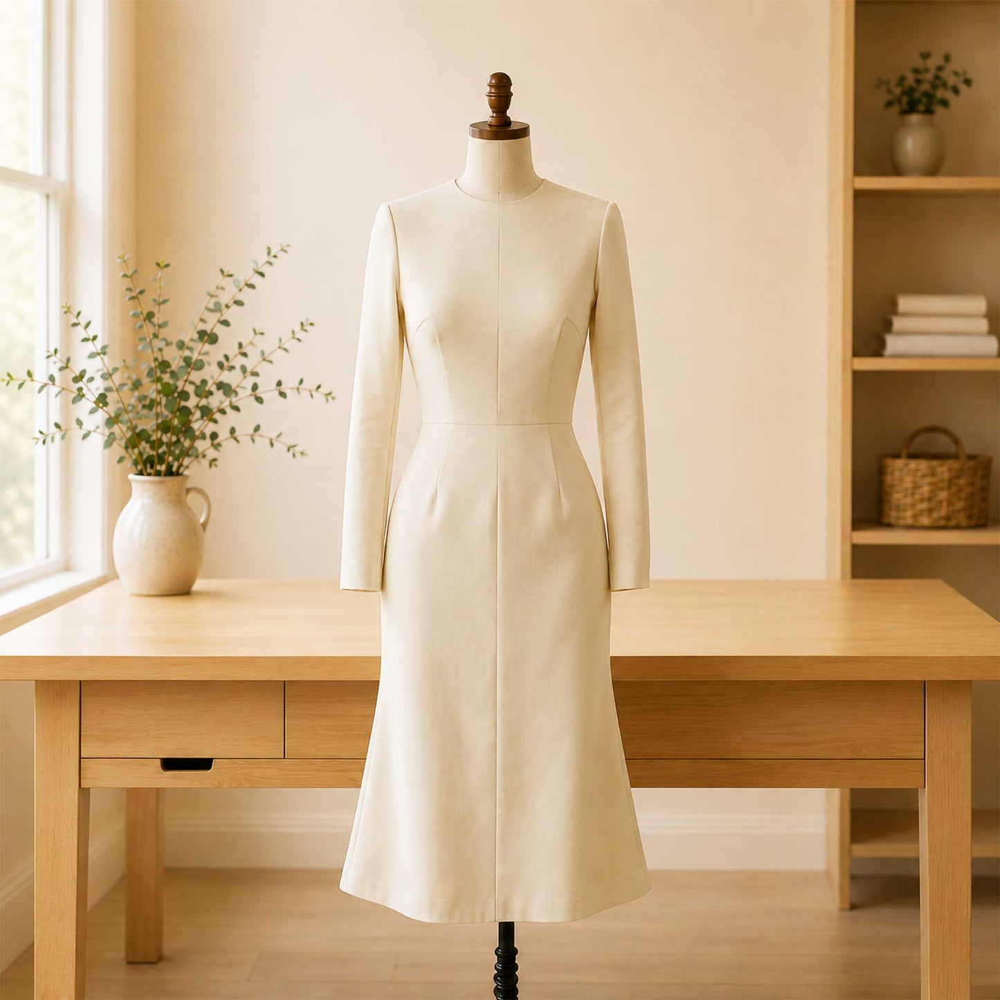 An off-white, knee-length dress with long sleeves and a structured silhouette displayed on a mannequin in a warm, sunlit room with a wooden desk and shelves in the background.
