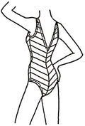 Line drawing of a one-piece swimsuit with a geometric pattern.
