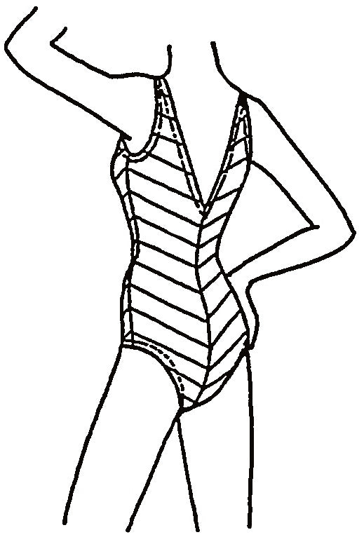 Line drawing of a one-piece swimsuit with a geometric pattern.