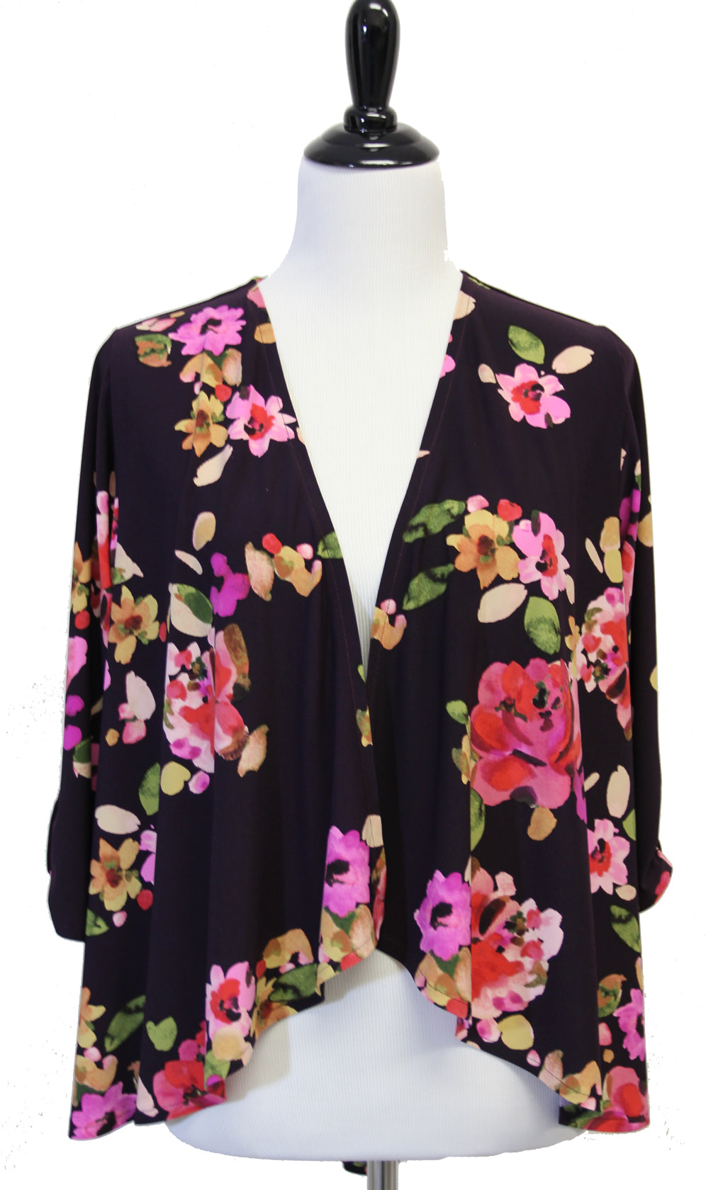 Floral-patterned cardigan on a mannequin against a white background
