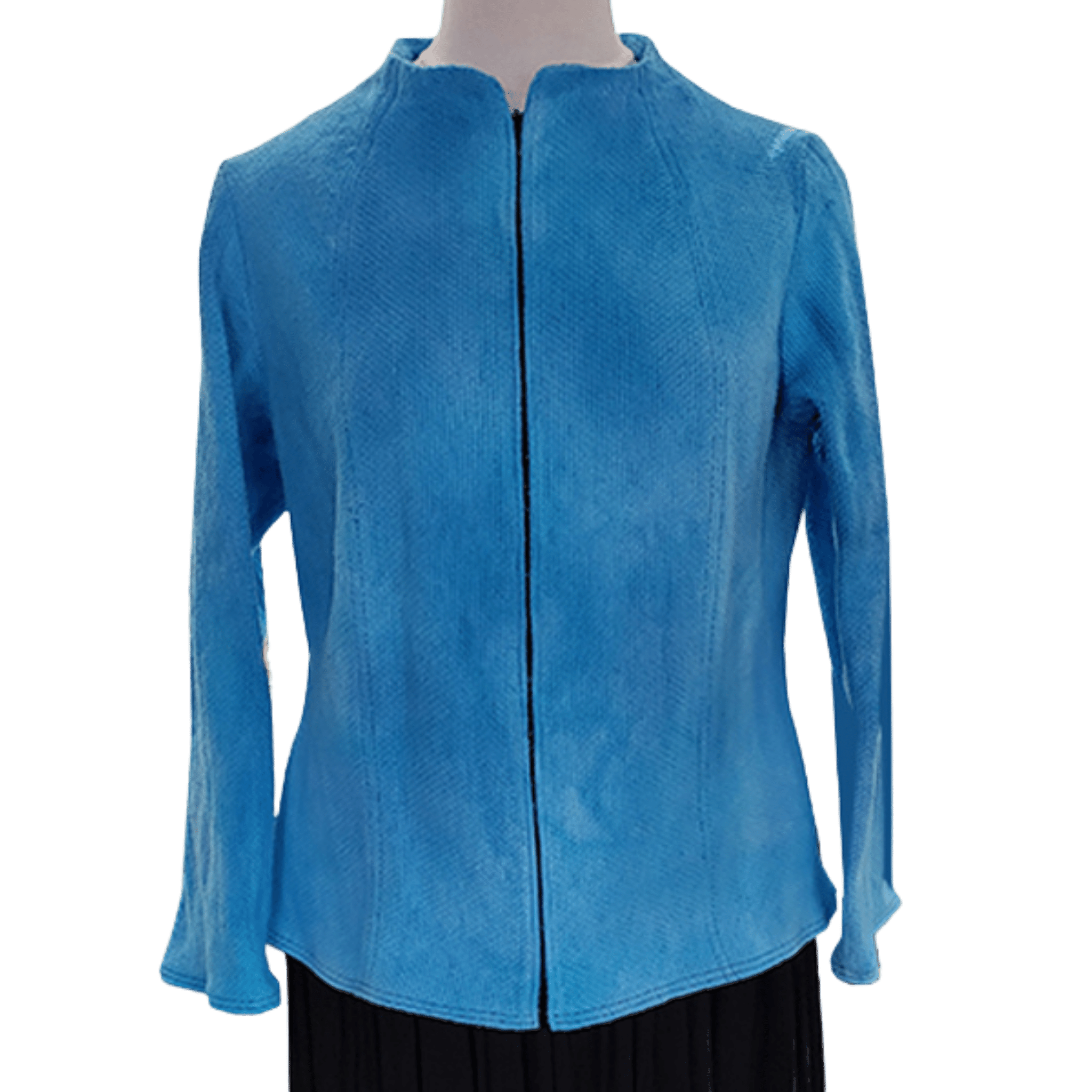 Blue suede jacket on a mannequin with a transparent background
