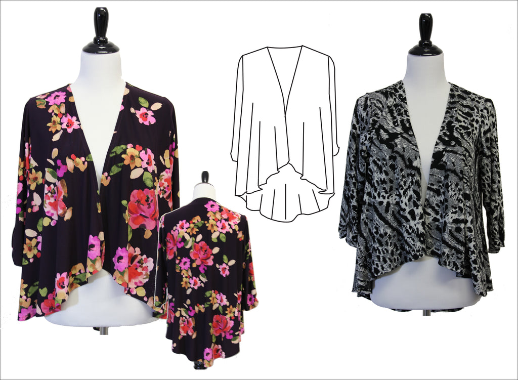 Floral and leopard print cardigans on mannequins with a white outline of a cardigan.