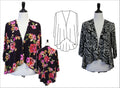 Floral and leopard print cardigans on mannequins with a white outline of a cardigan.