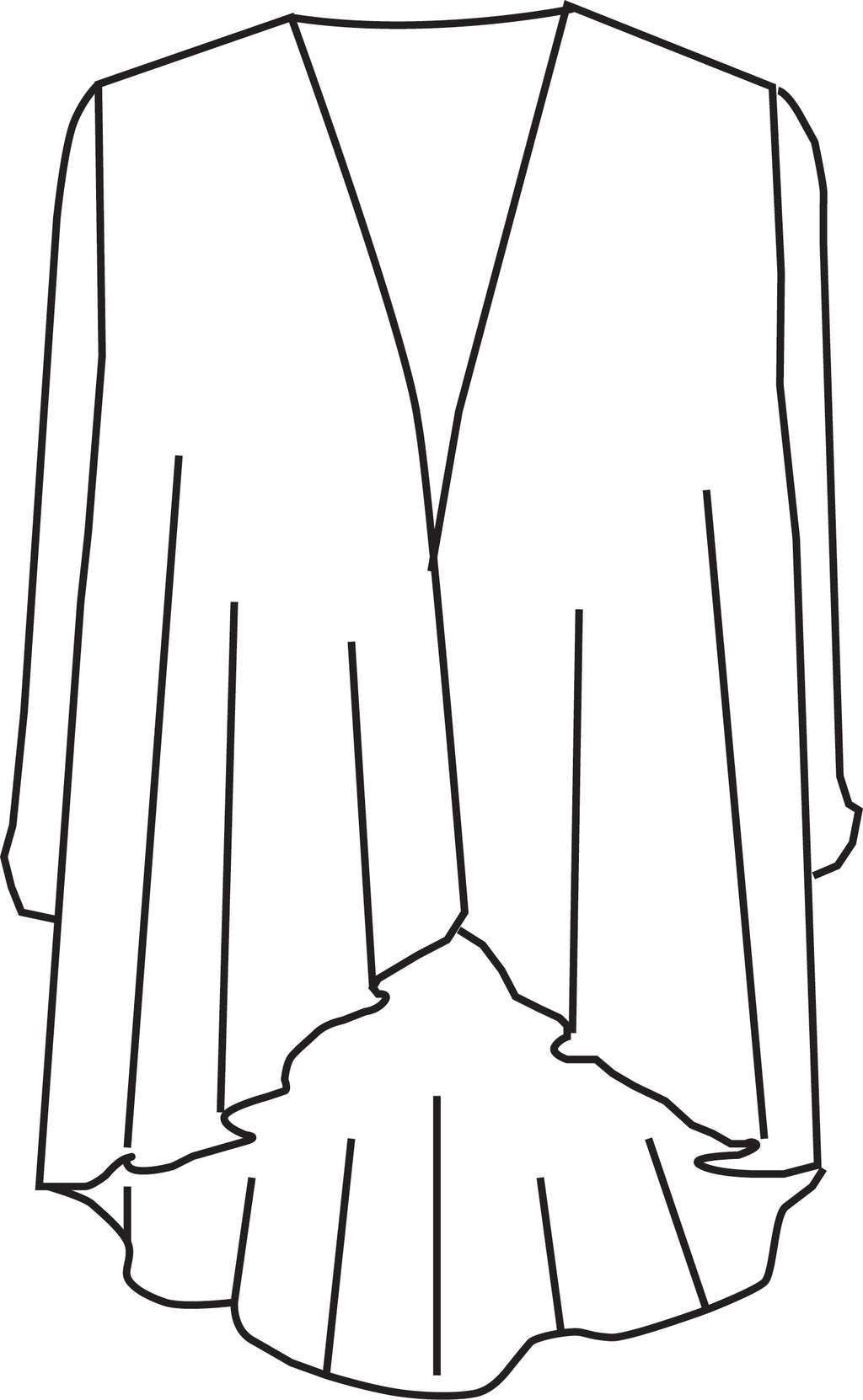 Line drawing of a long, open-front jacket with a V-neckline.