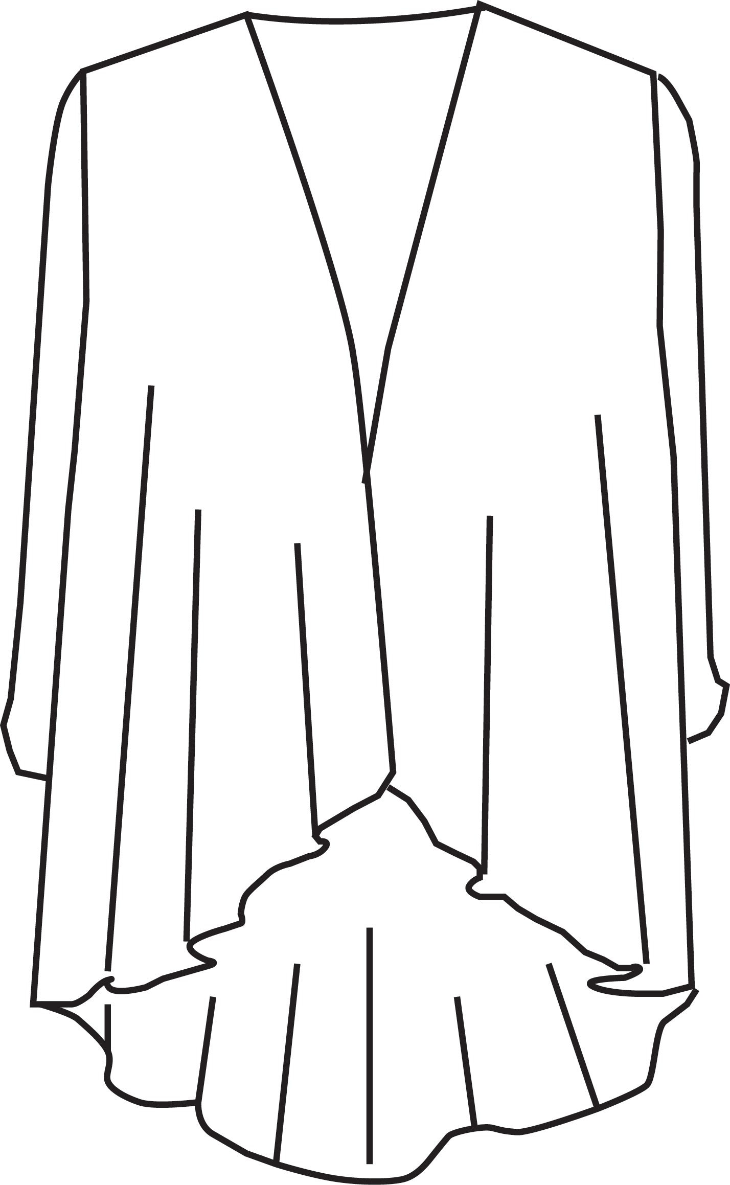 Line drawing of a long, open-front jacket with a V-neckline.