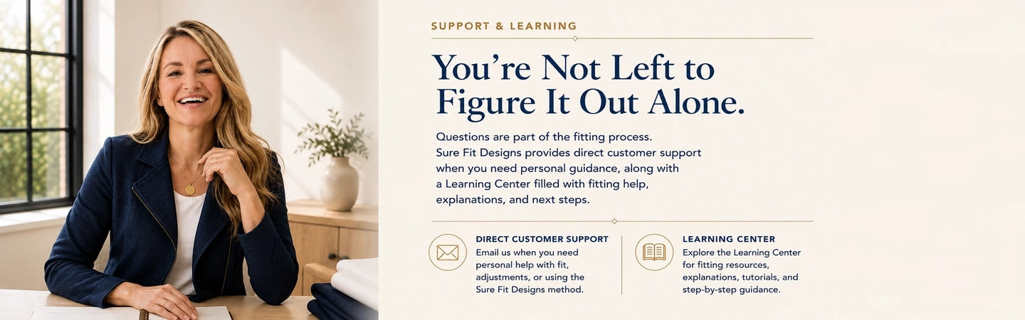 A promotional banner for Sure Fit Designs featuring a smiling woman in a navy blazer on the left, alongside text on the right that reads 'You're Not Left to Figure It Out Alone' and describes support and learning options.