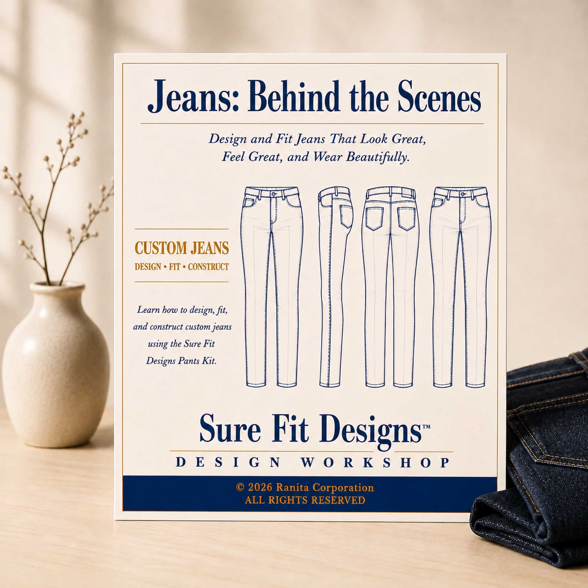 Poster for 'Jeans: Behind the Scenes' design workshop by Sure Fit Designs on a wooden surface with jeans and a vase.
