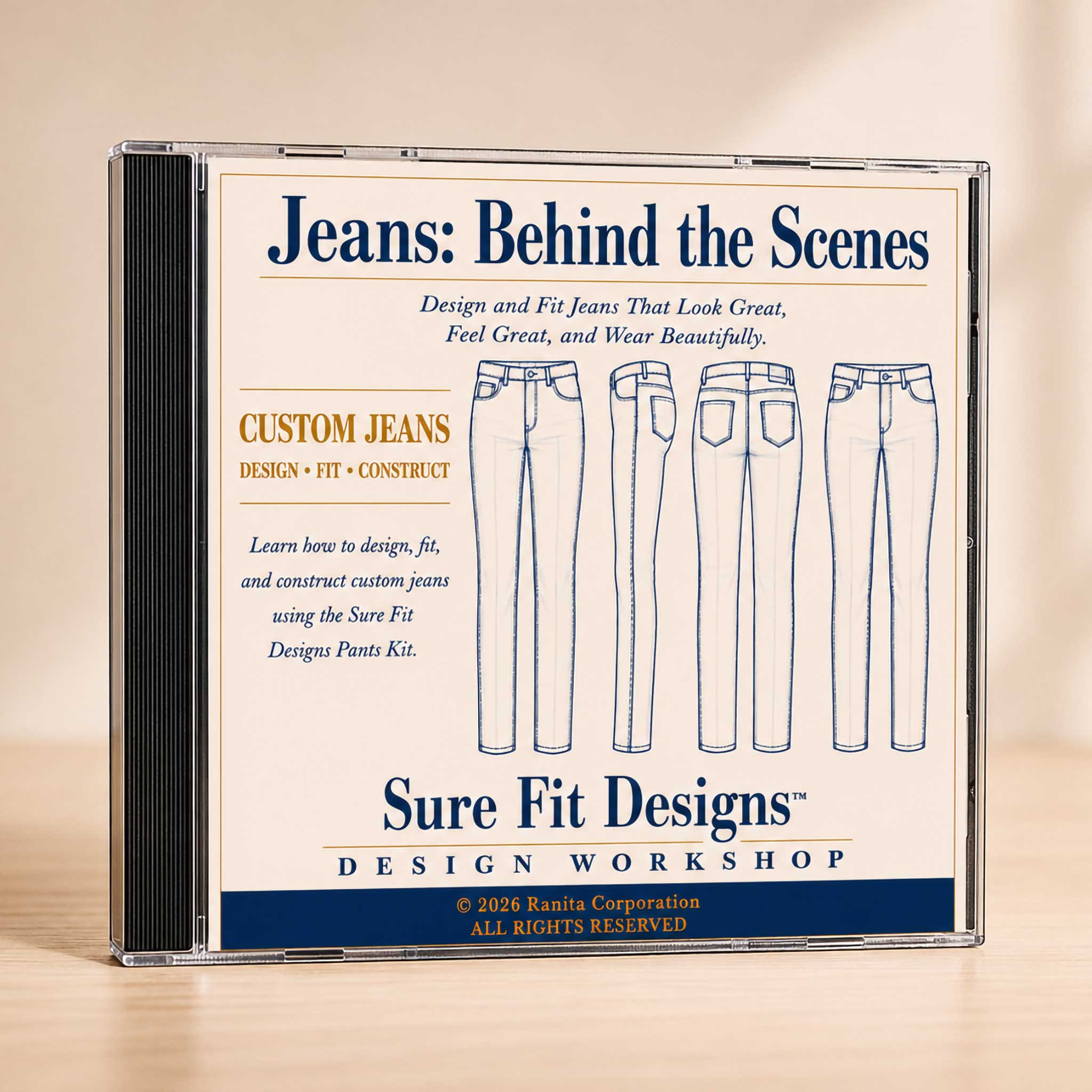CD case for 'Jeans: Behind the Scenes' by Sure Fit Designs on a beige background