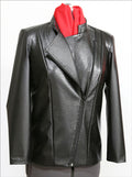 Black leather jacket with a red lining on a white background