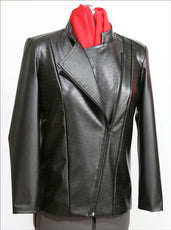 Black leather jacket with a red lining on a white background
