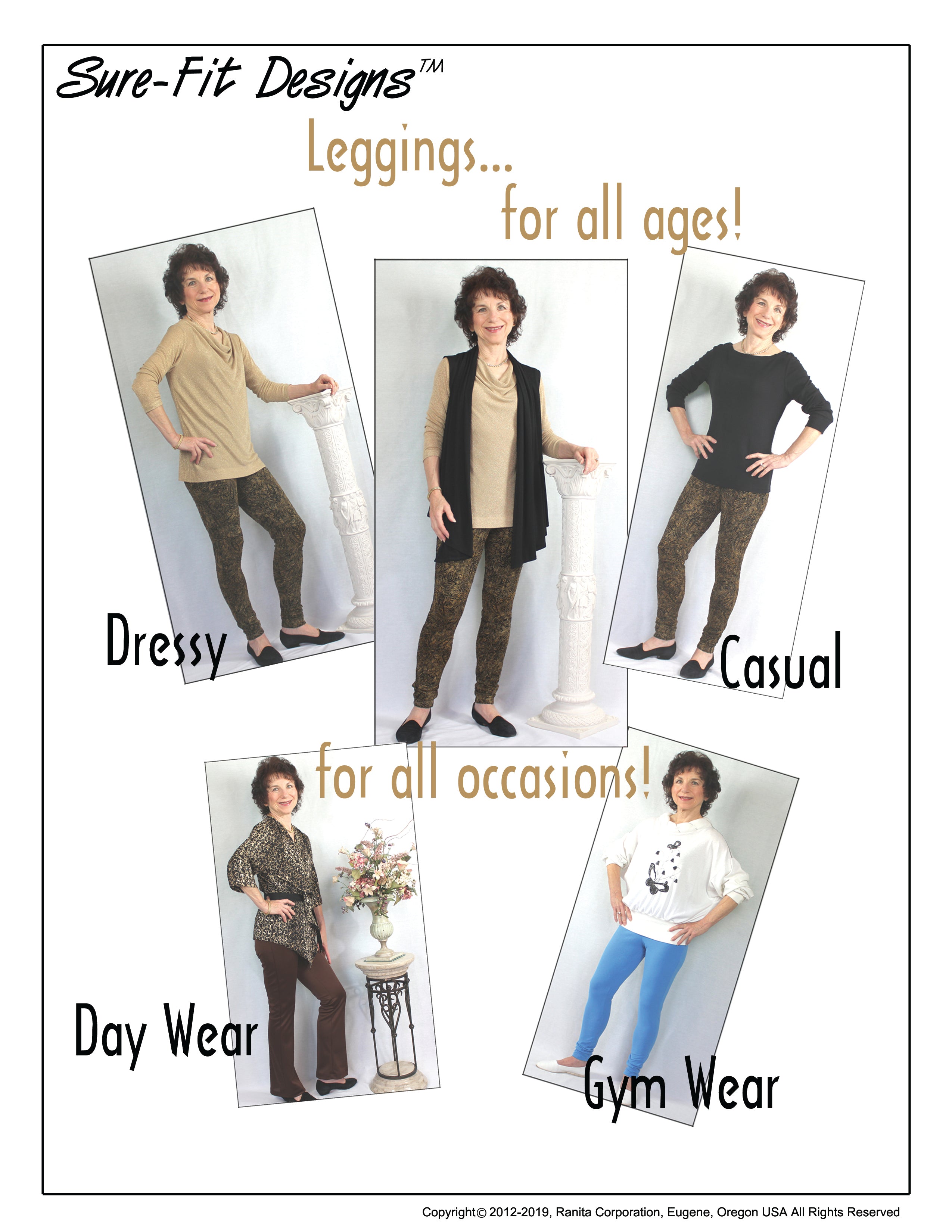 Advertisement for leggings with various styles and occasions on a white background