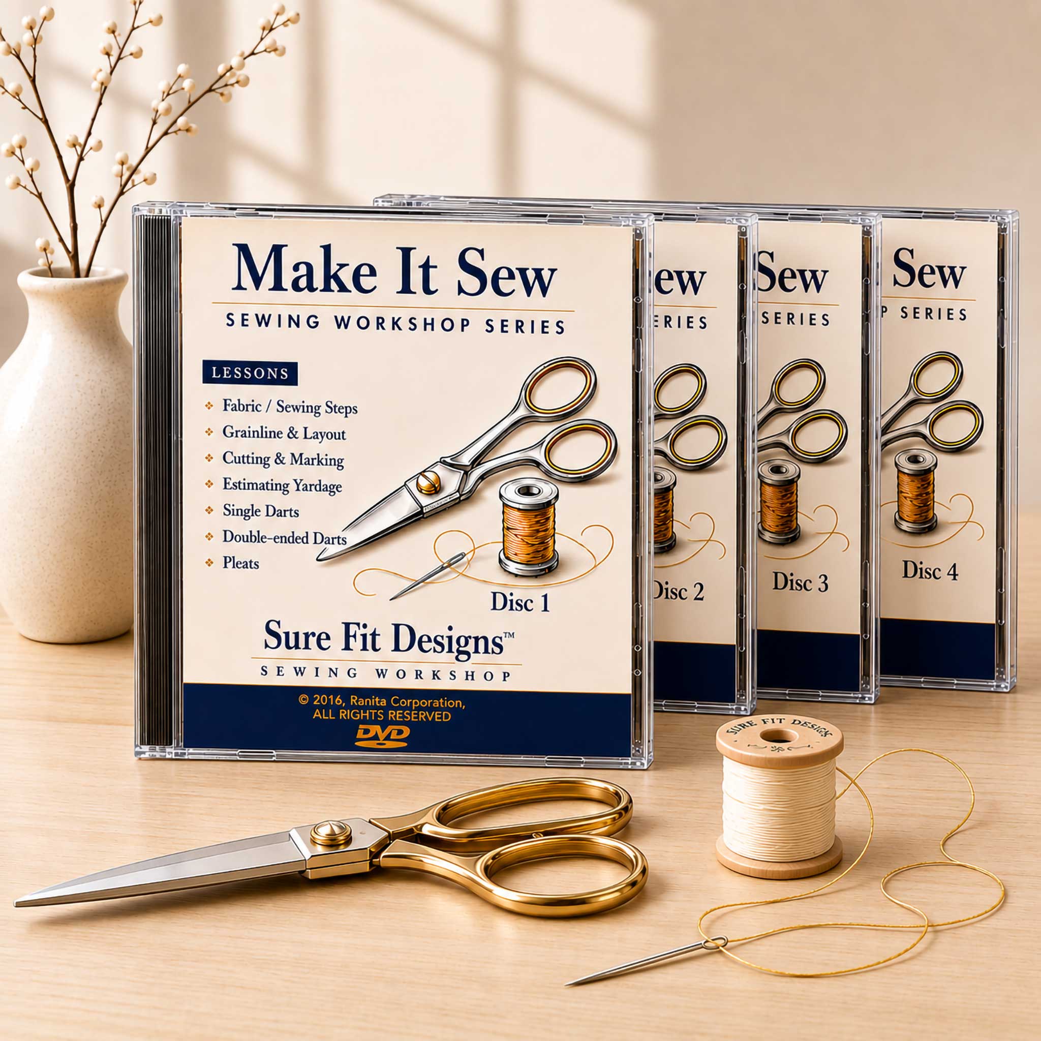 Make It Sew sewing workshop series DVDs with sewing tools on a wooden surface