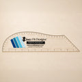 A clear plastic curved measuring ruler with printed measurement markings and the Sure Fit Designs logo, shown on a plain light beige background.