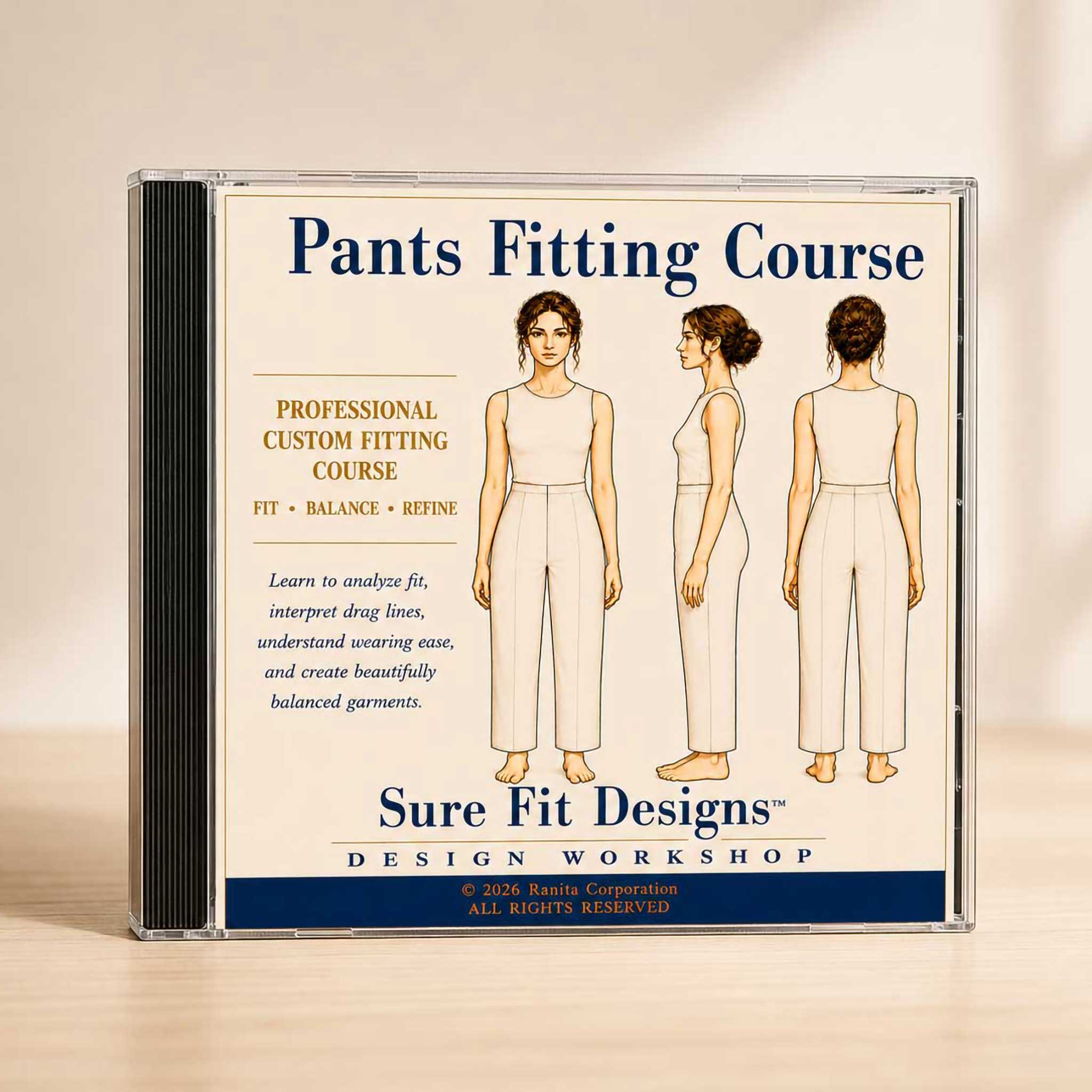 CD case for 'Pants Fitting Course' by Sure Fit Designs on a beige background