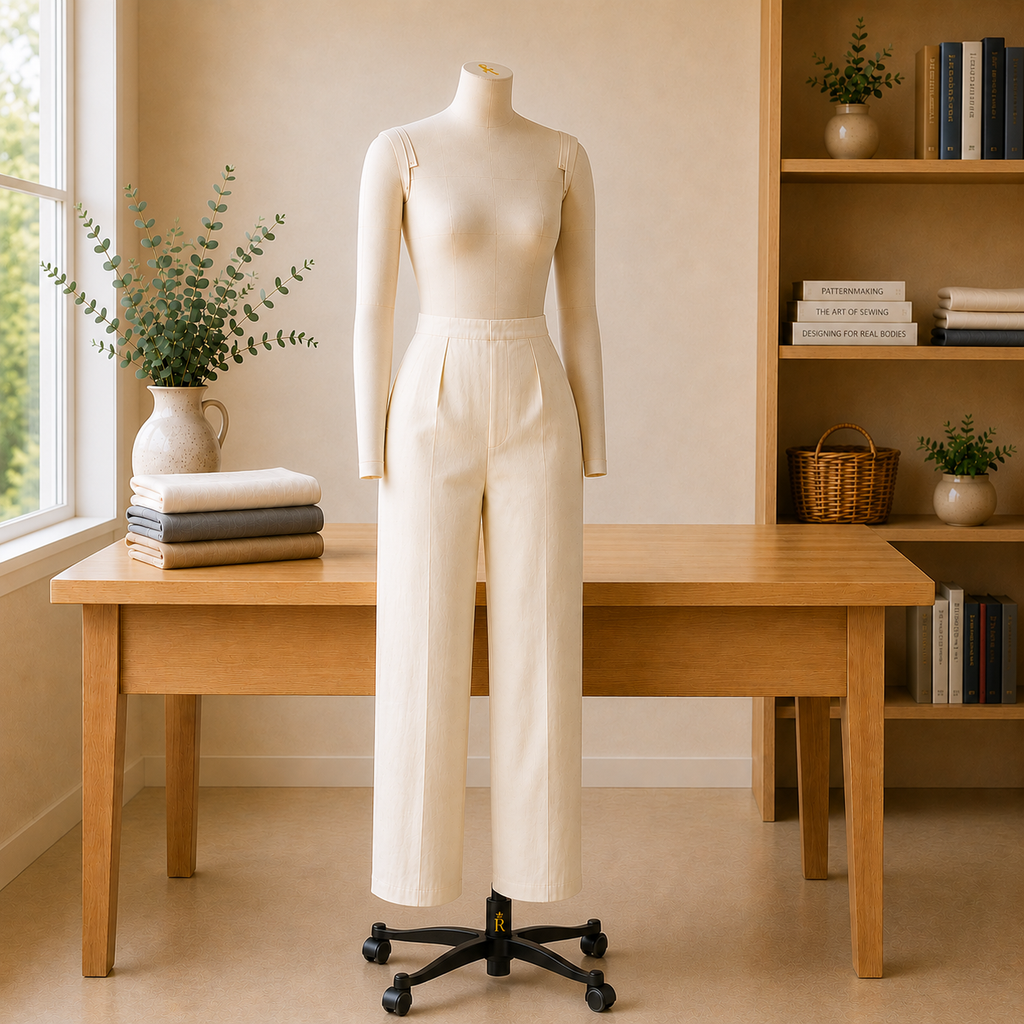 A cream-colored long-sleeve top and matching wide-leg trousers displayed on a mannequin torso, set in a warm, sunlit room with a wooden table, shelves, and plants.