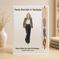A book or booklet titled "Pants that Mix 'n Multiply" and "Pants Styles by Sure Fit Designs" stands upright on a tabletop. The cover shows an illustration of a woman wearing dark pants with a brown jacket, plus four small pant design examples along the right side.