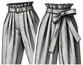 Illustration of paperbag waistband pants with a belt and ruffled effect above the belt or drawstring. The pants are striped with a high-waisted fit.