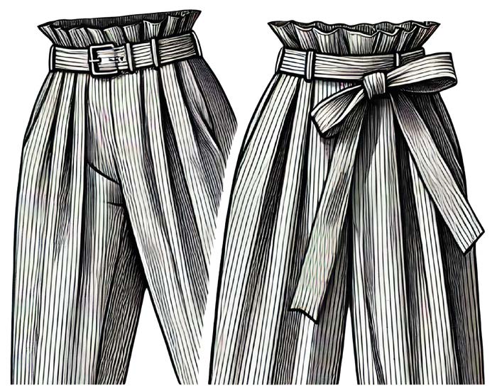 Illustration of paperbag waistband pants with a belt and ruffled effect above the belt or drawstring. The pants are striped with a high-waisted fit.
