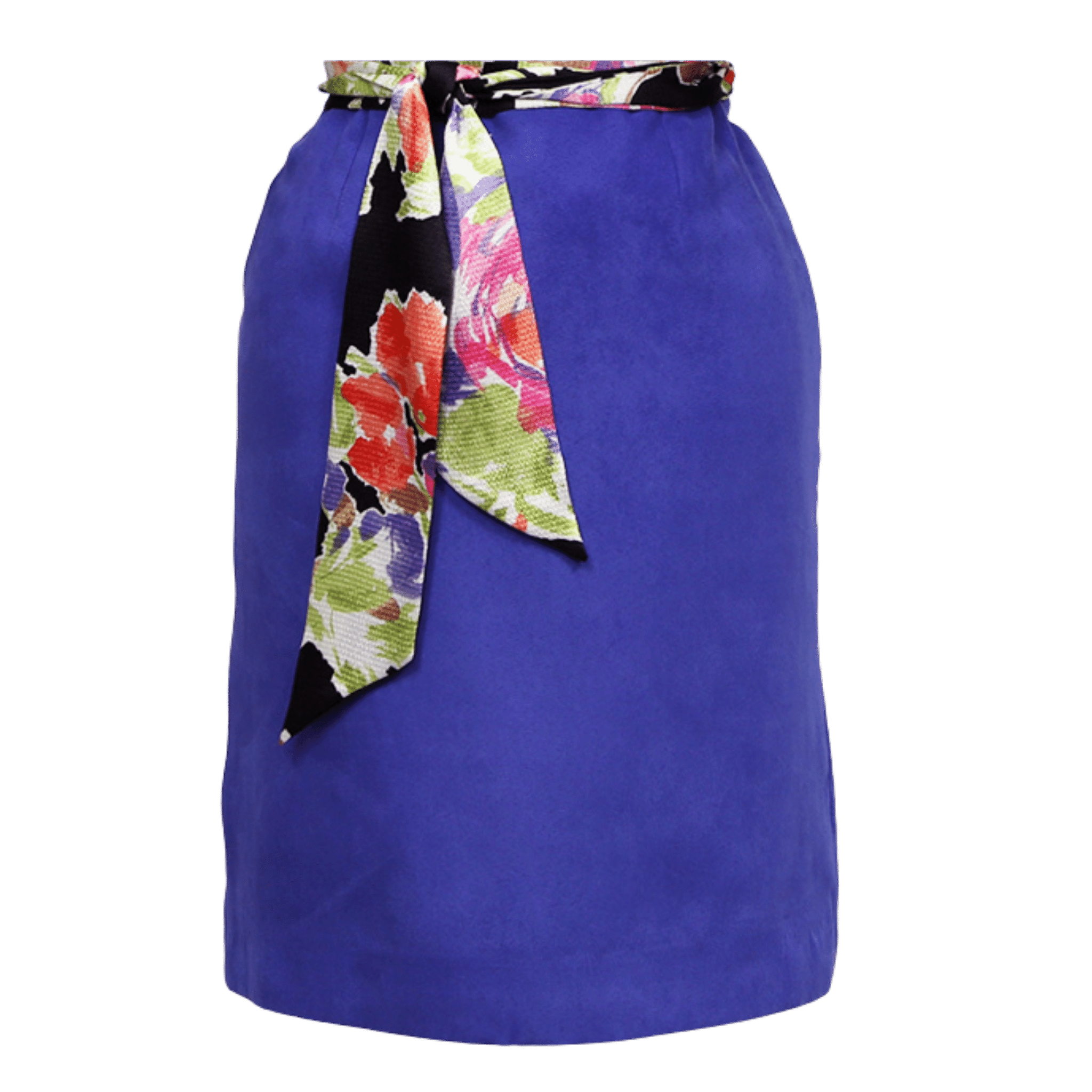 Blue skirt with a colorful floral tie on a transparent background