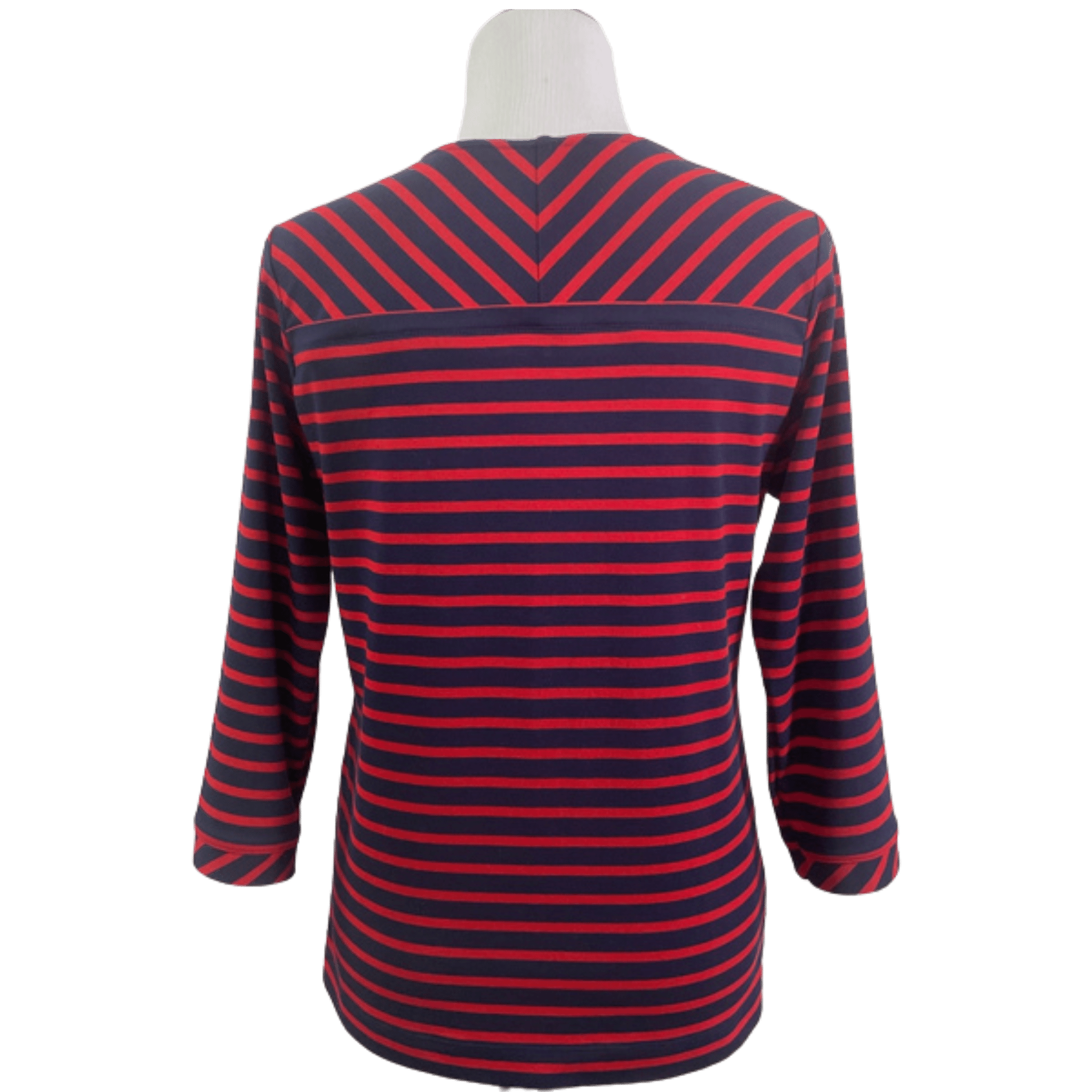Red and navy striped shirt on a mannequin with a transparent background