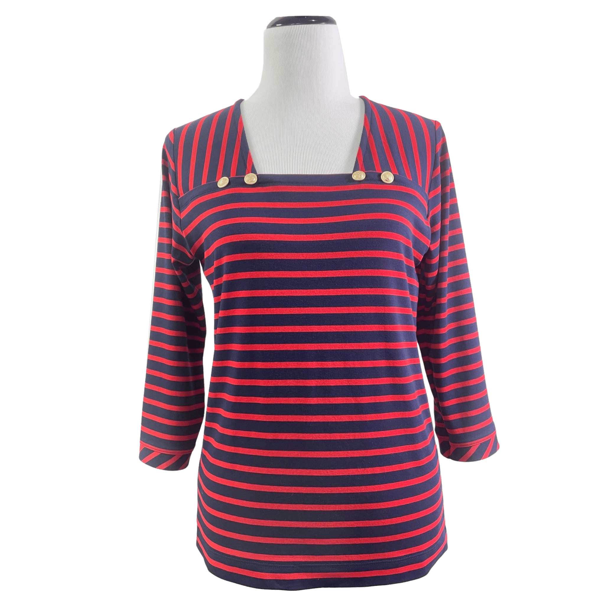 Red and navy striped dress on a mannequin with a transparent background