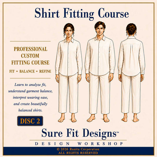 Promotional graphic for a shirt fitting course, showing three illustrated figures wearing a light-colored button-up shirt and trousers from front and back views, with text reading 'Shirt Fitting Course' and 'Sure Fit Designs Design Workshop'.