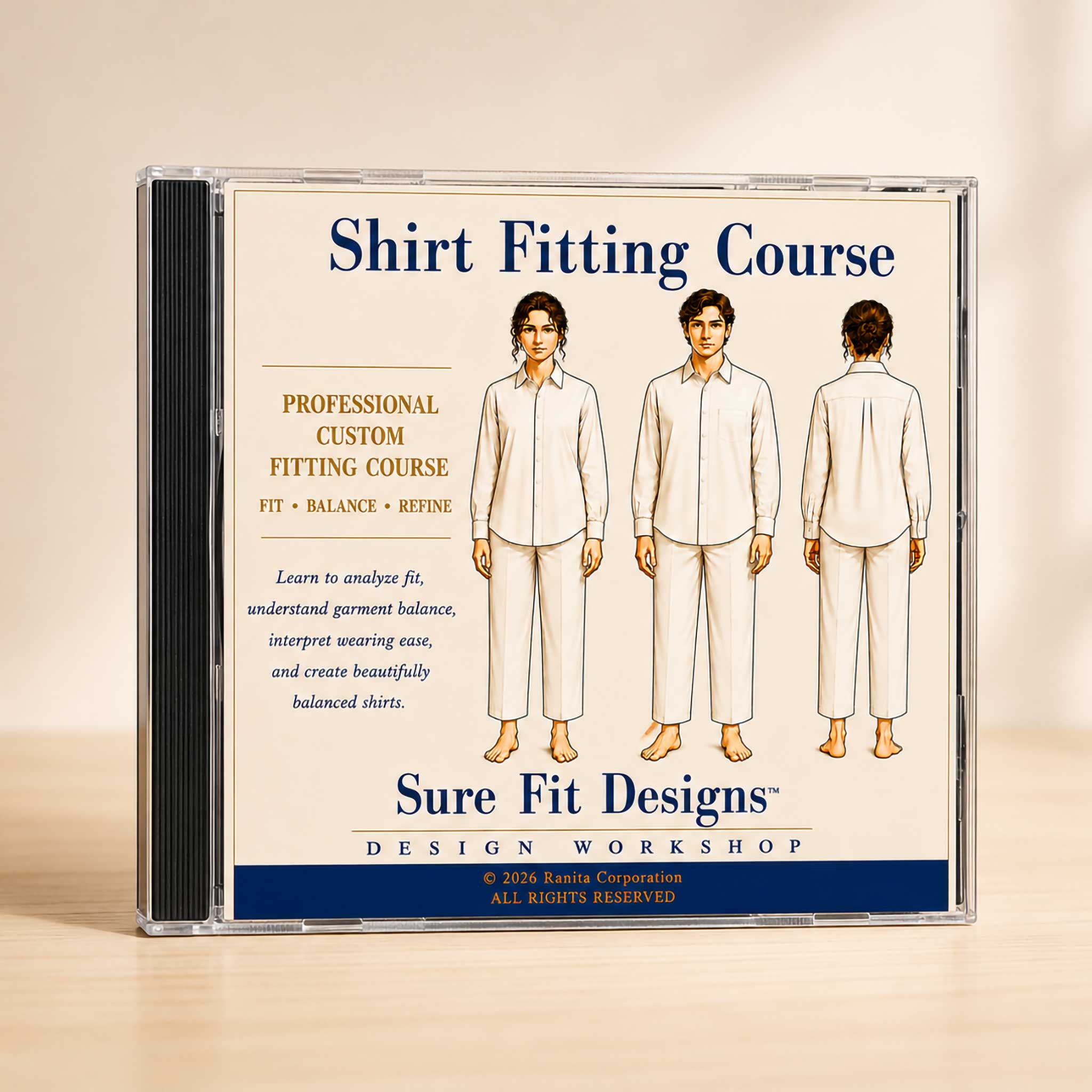 A CD case for 'Shirt Fitting Course' by Sure Fit Designs, featuring illustrated figures demonstrating front, side, and back garment measurements, photographed on a light wood surface against a beige background.