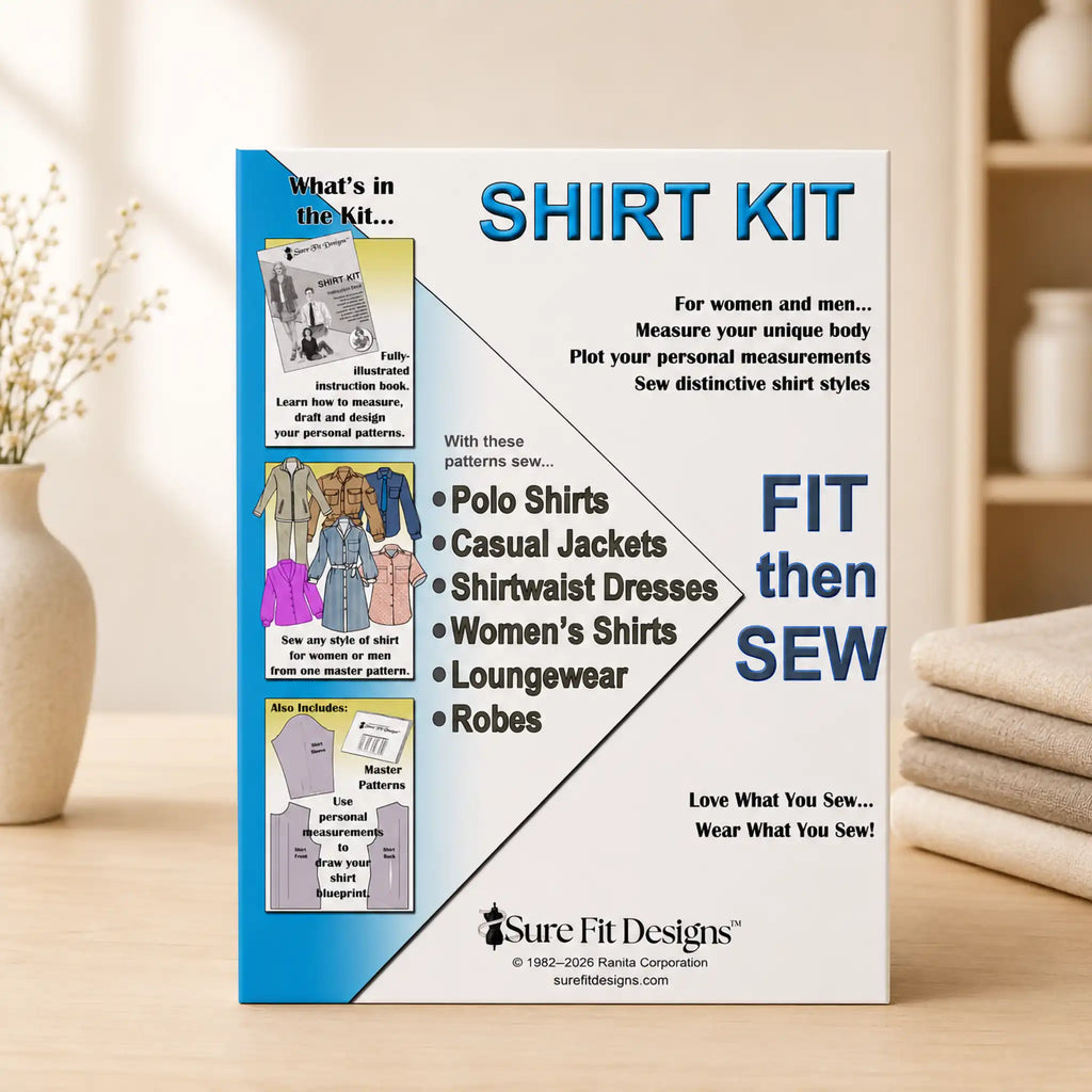 A 'Shirt Kit' sewing pattern box by Sure Fit Designs stands on a light wooden surface. The box is white and blue with text listing included items like polo shirts, casual jackets, and waistwear.