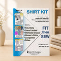 A 'Shirt Kit' sewing pattern box by Sure Fit Designs stands on a light wooden surface. The box is white and blue with text listing included items like polo shirts, casual jackets, and waistwear.