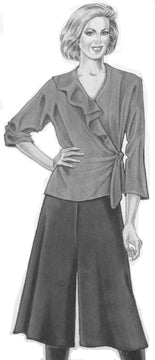 Fashion illustration of a woman wearing a blouse and skirt set.