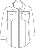 Line drawing of a hooded shirt with two front pockets on a white background