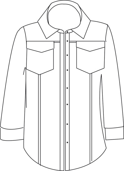 Line drawing of a hooded shirt with two front pockets on a white background