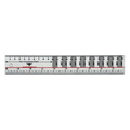 A metal stretch ruler with measurement markings for sewing and crafting.